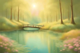 Un chemin dans une foret bordé de petites fleurs, un petit pont en bois clair, et une rivière turquoise avec le reflet des arbres et du soleil dans l'eau , une barque sur la rivière, une ambiance douce, des couleurs pastels orangées, jaunes, bleu doux et vert clair, un ciel bleu intense avec des petits nuages roses, des rayons de soleil. Beaucoup de détail très précis et raffinés. Fleurs très précises.Ambiance magique et sereine.