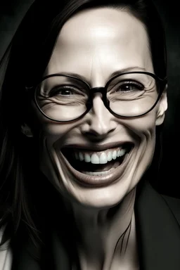 bald Angelina Jolie glasses braces dark laugh perverted face