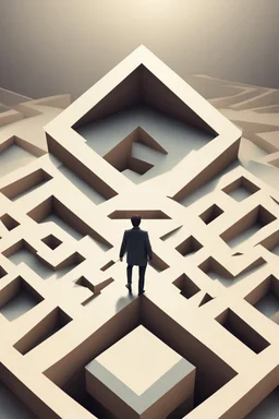 Illustration of man walking on Penrose triangle, surreal concept