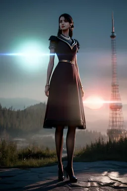 Tall woman, dark brown hair, red eyes, red blouse with black skirt, Ornate details, vibrant color, highly detailed, art stations, concept art, smooth, unreal engine 5, god lights, ray tracing, RTX, lumen lighting, ultra detail, volumetric lighting, 3d, finely drawn, high definition, 4k.