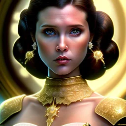 pltn style, beautiful photorealistic princess leia, hazel iris, tall, slender, long hair, smooth, flawless skin, deep, mysterious eyes, white and gold gown, intricate beading, sparkling jewels, diamonds, rubies, regal, dignified, graceful, fluid, ethereal quality, light steps, roses, jasmine scent, shimmering light, spirit, hope, joy, mortal, extraordinary beauty, charm, mystery, legend, fascination, cute big circular reflective eyes, Pixar render, unreal engine cinematic smooth, intricate