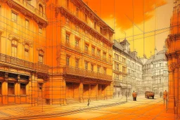 An orange colored construction zone in town painted by Leonardo da Vinci