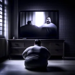 (fineart:1.5, masterpiece1.5) (realism:1.5) winner of Taylor Wessing Photographic Portrait Prize, dark art, horror art, violent art, fat people watching tv, tv in frame , third person view