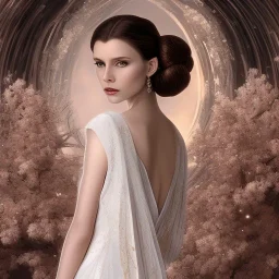 model shoot style, digital art portrait of (Princess Leia) ((dressed in white and gold gown)), surrounded by the universe, ultra-detailed, ultra quality, ((official character art)), (dark fantasy), illustration, eerie atmosphere, 8k, cinematic lighting, bokeh