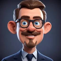 a portrait of wise western man. caricature. brown short hair. light skin. blue eye pupils. rectangle eyeglasses, black frame. heart face shape. has a lot of goatee. wear navy blue formal dress. pixar style. 3D. 4k. portrait. highly detailed. sharp focus. high resolution. full color. cinema lighting