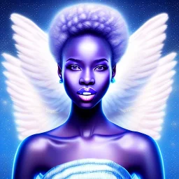 portrait of a beautiful african woman with an angel face smiling,long blond hair, blue eyes, pink and blue dress, jewels, soft light aura