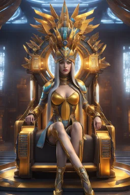 cyber robot woman ((masterpiece)), (beauty:1.3), iconic asp headpiece, UHD, 64K, hyperrealistic, vivid colors, , 8K resolution, throne room background with hieroglyphics, HDR depth, ultra detail, commanding regal aura, real photo