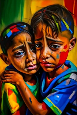 a girl hug her brother and both crying sadly, expressionism, Pixar style, in abstract art Basquiat, Picasso, Miro, Kandinsky, Klee, Birell, Fairey, Ardon, Buffet aand Picasso style, HD --s 750 --v 5.1 --style raw, water color