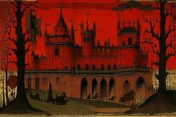A dark red vampiric fortress designed in Bayeux tapestry painted by Paul Gauguin