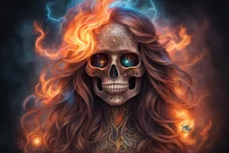 fire iron-bronze-crystal head skull tattooed nature-witch girl with long hair and smoked background elemental flames lightning lights luminance colorful futuristic steampunk