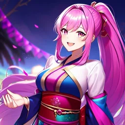 girl, masterpiece, best quality, volumetric lighting, detailed outfit, perfect eyes, long hair, fuchsia hair, fuchsia eyes, laughing, obi, ponytail,