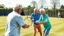 Elderly pensioners playing tennis doubles on a grass court. Everyone is happy. Photographic quality and detail, award-winning image, beautiful composition.