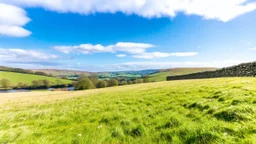 View across the valley in the Yorkshire Dales with beautiful clouds, late afternoon sunshine, stone walls enclosing the fields, gentle hills and valleys, river, calm, peaceful, tranquil, beautiful composition