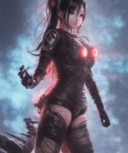 Detailed cute anime Kunoichi female demon looking behind her creepily in a fire ,bodysuit, intricate details, full body portrait, keep head in frame, slight smile, black Japanese motif, concept art, highly detailed, digital painting, concept art, sharp focus, illustration, art by Yoji Shinkawa, WLOP and greg rutkowski and alphonse mucha and artgerm and yanjun Chen and Junji ito and Makoto Shinkai, HDR, octane render