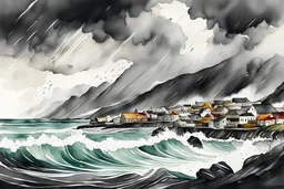 an abstract ink wash and watercolor illustration of a storm tossed, highly detailed coastal fishing village in the Faroe Islands, with ominous thunderheads and pounding surf , finely drawn and inked, 4k, hyper detailed and vibrantly colored