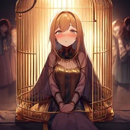 anime girl chained up inside a golden cage, with tears of joy streaming down her face