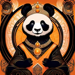 stylized panda queen in the style of tarot and art deco, orange and black colours