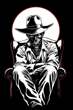 western styled man with hat (wide and flat brim and a flat top) shading face, wearing a gas-mask, sitting forward on a wingback chair, vignette, black and white graphic novel style with a red outline on black background, gothic horror