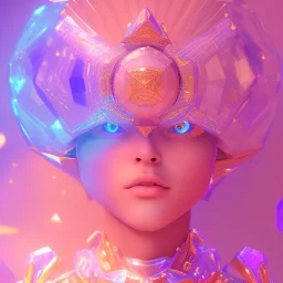 A portrait of a crystalised blue pink extraterrestrial, gold, diamonds, sunny background, atmospheric, realistic, unreal engine, 8k. Cinematic lighting, octane render.