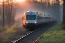 a passenger train emergency braking; polish train; woodlands, sunrise;