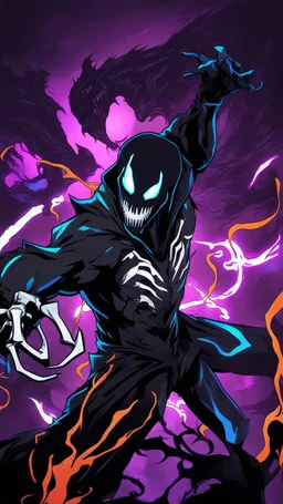Mix between venom symbiote and Reaper in solo leveling shadow style with neon glowing blue