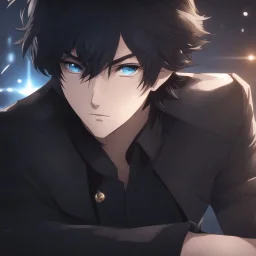 (masterpiece), (anime style), award winning, close up, centered, headshot, looking toward camera, messy black hair, young man, blue eyes, modern, dynamic lighting, ultra detailed, (epic composition, epic proportion), professional work, black clothes