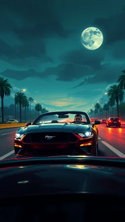Bosch painting style nightmare in 3D , a man driving a Mustang Gt Convertible on LA free way background, high Quality picture , 8k