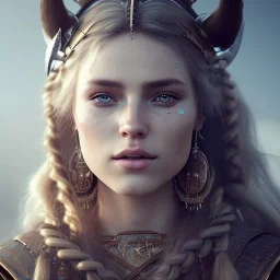 long haired viking woman, 4k, portrait of a beautiful woman, facial war paint detail, ambient detail, depth of field, crystalized complimentary colors, warrior, atmospheric, realistic, unreal engine, lighting, octane render, proportional,