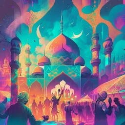 Combine elements of a serene mosque and a vibrant party scene to symbolize the initial attraction of drug use