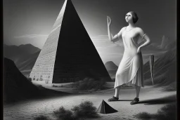 A 1922 woman looking at a black five-sided pyramid in the desert