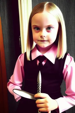 wednesday addams pink dress blonde hair and smiling with a knife