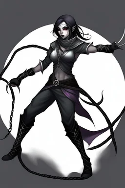 female gray skin Shadar-Kai wielding a Whip a whip made out of black thorns