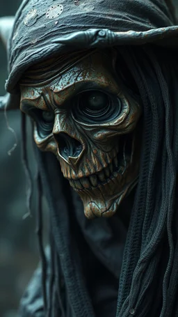 Busch painting style nightmare, a zoomed front view of a witch by his face skin is a rusted broken metallic skin texture in a 3d rendering full-height image of a grim and dark scene. Ensure the final images exhibit the utmost quality, encompassing 4K, 8K, and 64K resolutions, with 3D rendering that manifests in photorealistic, hyperrealistic, and highly detailed representations. Employ techniques such as HDR, UHD,