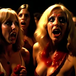 Horror movie shot, hot party, ultra realistic vomit, realistic hot blonde women, party, pieces of meat, organs, hot dynamic, they come, very excited women, hypermaximalist figures, light, 1970's Italian horror movie, sinister, Dario Argento, Stanley Kubrik, ornate, 4k, photorealism