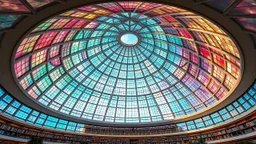 A massive dome-shaped structure with a smooth, curved surface and intricate, web-like window patterns. The dome is constructed from advanced, multicoloured transparent materials that filter sunlight, creating a serene and otherworldly indoor oasis. Under the dome is a stunning circular library and study space. Award-winning photograph, beautiful composition, exquisite detail and illumination