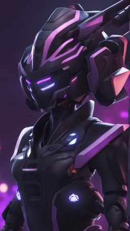 A close picture to Ramattra nemesis form in overwatch art style with black color and neon purple details