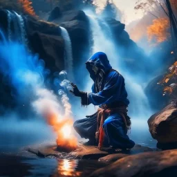 the last yoga ninja throwing smoke bomb into waterfall, 8k, down-light, soft light, depth of field, photo realism, trending on art station, high detail