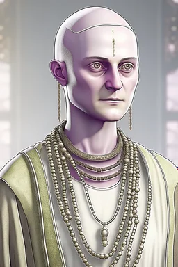 full length, gangly, 22-year old, shaved head, nordic looking grey-eyed female human cleric with a beaded necklace