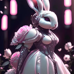 Create a bunny princess character that is adorably dressed in a gown filled with pink and white roses, Cyberpunk realism style, Looking back over the shoulder, zbrush, 32k uhd, 8k, HD