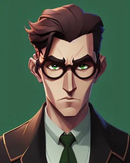 Fit man in round glasses, wavy hair, stubble, slim, tie, monotone, green eyes, comic book style, two tone colours, detailed, ink, realistic, handsome, square jaw, big brows, no jacket, bird on the shoulder, spotlight