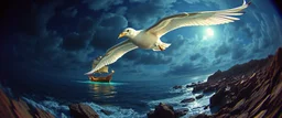 fish eye lense, pin hole cam, master oil painting by Rembrandt, By moonlit cove over glowing pirate ship, A ghostly swan dragon, iridescent feathers, swoops silently over the cove. Comment: "I have circled this coast since the world was young. Driftwood sings in knotted tongues, yet I hear your echo in each pulse. Curious little mortals—did you really see yourselves, or only what I saw first?"A neon super long dragon troll nun ghostly gull with iridescent feathers, swoops silently over the