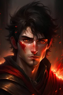 A young striking fantasy Lord Of The Rings like man with black messy hair and very short beard, exuding an air of fierceness. His fiery red eyes hint at mystery and intelligence.