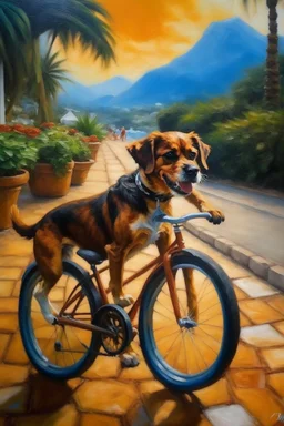 oil painting with a dog biking with a pizza hawaii