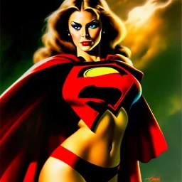 portrait oil on canvas, beautiful busty SuperGirl, green big eyes, ,minimal armor,comic book cover, mystical colors,insanely detailed,realistic,intrincate detail, 16k resolution, masterpiece,Frank Frazetta,Alex Horley, Simon Bisley