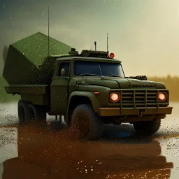 hyperrealistic shot, military toy truck, earth color palette, sharp focus, puddle reflection, tire water splash, refraction, lens flare on the horizon, shadowcast, detailed and intricate, cinematic composition, micro, tilt shift photography