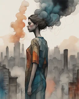 acrylic and watercolor and line tint painting of a sad young woman standing in front of a city entirely made of smoke, (((front view))), bronze - skinned, geometric curves, featured art, philosophical splashes of colors, art brought to life, soul shock