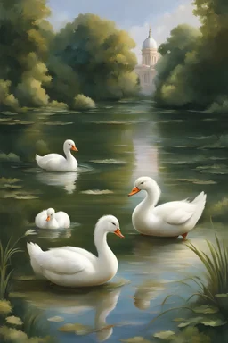 Subject: Cute white ducks Action: Swimming Context: In a lake Environment: In a park in Bucharest Architecture: Beaux-Arts or neoclassical Positive Prompt: ((Best quality)), ((masterpiece)), ((realistic)), depict a scene of cute white ducks gracefully swimming in a serene lake surrounded by a beautiful park in Bucharest. The park and the surrounding buildings should showcase the elegance of Beaux-Arts or neoclassical architecture. The ducks should be depicted with utmost realism.