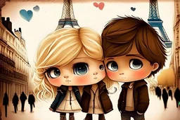 cute blonde blue eyed chibi girl and a brown haired brown eyed mexican chibi boy in love in Paris