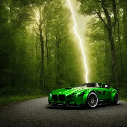 Single extremely detailed realistic sports car (Centered on image), moving on a detailed realistic road in dark woods, clear sky with visible planet, symetrical, HD, 4k, 8k, Car color= Dark green with black, Woods color=gray,black,dark green, Sky color= light blue and gray, lightning