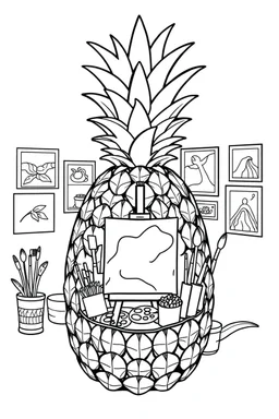 Pineapple Cozy Art Studio Coloring Page: A pineapple cross-section displaying an art studio. Features an easel, paint palettes, brushes, and artworks hung on the walls.